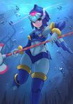  blue_eyes breasts bubble glaive glowing helmet highres leviathan_(rockman) medium_breasts robot_joints rockman rockman_zero smile solo tesshii_(riza4828) underwater 