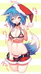  :d animal_ear_fluff animal_ears belt bikini blue_hair blush breasts christmas cleavage collar fang hat heart heart-shaped_pupils highres huge_breasts looking_at_viewer mamuru navel open_mouth original red_eyes santa_hat shorts smile solo striped striped_bikini swimsuit symbol-shaped_pupils tail 