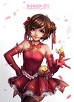  absurdres alternate_eye_color bad_id bad_pixiv_id bare_shoulders bell brown_hair cardcaptor_sakura copyright_name cowboy_shot dress elbow_gloves floating floating_object fuuin_no_tsue gloves hair_bobbles hair_ornament highres key kinomoto_sakura lips logo looking_at_viewer petals petticoat purple_eyes red_dress red_gloves short_dress short_hair short_twintails solo thighhighs tracyton twintails zettai_ryouiki 