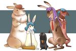  animalization blue_hair bunny carrot_necklace clothed_animal collar crossed_arms dango detached_collar flat_cap food hat holding holding_food inaba_tewi inaba_tewi_(bunny) jewelry kine long_hair mallet necklace necktie no_humans onikobe_rin purple_hair red_eyes reisen reisen_(bunny) reisen_udongein_inaba reisen_udongein_inaba_(bunny) ringo_(touhou) ringo_(touhou)_(bunny) seiran_(touhou) seiran_(touhou)_(bunny) short_hair touhou wagashi 