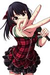  black_hair blush brown_eyes covered_mouth cowboy_shot dress eyebrows_visible_through_hair head_tilt highres holding holding_microphone idol long_hair looking_at_viewer matsunaga_kouyou microphone original outstretched_arm plaid plaid_dress short_sleeves simple_background solo v white_background 