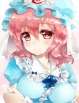  blue_dress breasts crossed_arms dress hat hat_ribbon large_breasts looking_at_viewer mob_cap nagare pink_eyes pink_hair ribbon saigyouji_yuyuko smile solo touhou triangular_headpiece upper_body 