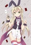  alice_in_wonderland blonde_hair card cosplay green_eyes hairband kantai_collection long_hair playing_card shimakaze_(kantai_collection) smile solo vest watch white_rabbit white_rabbit_(cosplay) yoshikita_popuri 