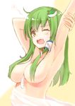  ;o absurdres armpits arms_up bad_id bad_nicoseiga_id bed_sheet between_breasts blush breasts commentary frog_hair_ornament green_hair hair_censor hair_ornament hair_over_breasts highres kochiya_sanae koretsuki_azuma large_breasts long_hair looking_at_viewer nude one_eye_closed open_mouth snake snake_hair_ornament solo stretch tears touhou upper_body yawning yellow_eyes 