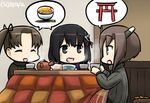  :d alternate_costume ayanami_(kantai_collection) black_hair brown_hair closed_eyes commentary_request dated food haguro_(kantai_collection) hair_ornament hamu_koutarou headgear kantai_collection kotatsu multiple_girls open_mouth short_hair smile spoken_object table taihou_(kantai_collection) torii 