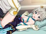  1girl anastasia_(idolmaster) bare_shoulders blue_eyes blush breasts censored commentary_request crown dress elbow_gloves gloves hetero idolmaster idolmaster_cinderella_girls jewelry legs_up looking_at_viewer lying mini_crown nipples on_back open_mouth penis ryunnu sex short_hair silver_hair small_breasts solo_focus star!! tears thighhighs vaginal white_gloves white_legwear 