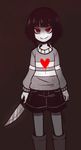  androgynous artist_name asymmetrical_clothes bad_id bad_pixiv_id bangs blunt_bangs boots chara_(undertale) dark_persona evil_smile frisk_(undertale) gias-ex-machella heart holding holding_weapon kitchen_knife knee_boots knife long_sleeves pantyhose red_eyes shirt shorts smile spoilers spot_color standing striped striped_shirt striped_sweater sweater undertale v-shaped_eyebrows weapon 