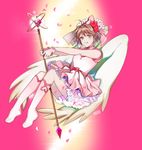  artist_name between_legs blurry boots bow brown_hair bucket_(saharu26) cardcaptor_sakura dress floating gem gloves green_eyes hair_bow hair_ornament heart heart_hair_ornament kinomoto_sakura knee_boots magical_girl older outstretched_arms petals petticoat pink_background pink_bow pink_dress short_dress short_hair sleeveless smile solo staff wand white_footwear white_wings wings 