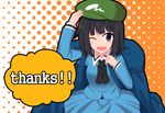  :d adjusting_clothes adjusting_hat arm_up backpack bag black_hair blue_dress blue_eyes blue_skirt blush collar collared_shirt commentary_request cowboy_shot cravat dark_haired_kappa dress english extra flat_cap formal gradient gradient_background hand_on_head hand_on_own_head hat kappa_mob kokubun_(akikawaship) long_sleeves looking_at_viewer neckerchief one_eye_closed open_mouth orange_background patterned_background shirt short_hair simple_background skirt skirt_set smile solo speech_bubble text_focus touhou 