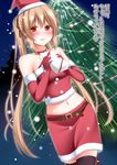  :d bare_shoulders black_legwear black_ribbon blonde_hair blush choker christmas_tree elbow_gloves fir_tree fur_trim gift gloves hair_between_eyes hair_ribbon hat heart highres holding holding_gift kantai_collection long_hair looking_at_viewer murasame_(kantai_collection) narukami_ginryuu navel night night_sky open_mouth outdoors red_eyes red_gloves red_ribbon red_shirt red_skirt ribbon santa_costume santa_hat shirt skirt sky smile snowflakes snowing solo stomach thighhighs translation_request tree twintails very_long_hair walking zettai_ryouiki 