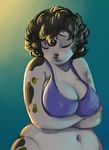  anthro big_breasts black_hair black_nose bra breasts canine clothing crossed_arms dog erect_nipples eyes_closed female firetally freckles gradient_background hair hi_res mammal navel nipples simple_background slightly_chubby solo underwear 
