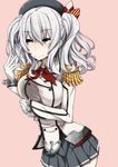  blue_eyes breasts hirayama_(hirayamaniwa) kantai_collection kashima_(kantai_collection) large_breasts long_hair military military_uniform miniskirt pink_background pleated_skirt silver_eyes silver_hair skirt solo_focus twintails uniform 