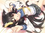  animal_ears bed_sheet black_hair black_legwear blurry blush cat_ears cat_tail cat_teaser collarbone depth_of_field fang hair_ribbon highres isokaze_(kantai_collection) kantai_collection kemonomimi_mode kneehighs long_hair lying moeki_yuuta on_back open_mouth paw_pose red_eyes ribbon school_uniform serafuku skirt solo tail tress_ribbon very_long_hair 