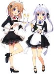  absurdres alcohol alternate_costume blue_eyes bottle brown_hair champagne chestnut_mouth detexted glass gochuumon_wa_usagi_desu_ka? highres hoto_cocoa kafuu_chino koi_(koisan) lavender_hair long_hair multiple_girls official_art open_mouth purple_eyes short_hair standing standing_on_one_leg third-party_edit tray twintails waitress 