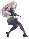  assault_rifle black_legwear braid brown_hair browning_hi-power bullpup copyright fingerless_gloves gloves gun handgun holster l85 long_hair looking_at_viewer nagisa_kurousagi official_art pantyhose pistol purple_eyes rifle school_uniform scope shooting_girl single_braid skirt solo trigger_discipline weapon 