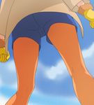  amanogawa_kirara clenched_hands cloud day gloves go!_princess_precure haruyama_kazunori legwear_under_shorts orange_legwear pantyhose pantyhose_under_shorts precure shorts sky solo yellow_gloves 