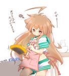  ahoge apron bangs blush_stickers bowl brown_eyes brown_hair chopsticks contrapposto cooking expressionless food frying_pan kantai_collection kuma_(kantai_collection) long_hair midriff milk nananana_nanana rectangular_frying_pan red_ribbon ribbon scrambled_egg shiny shiny_skin simple_background solo standing stove sweatdrop translated very_long_hair white_background 