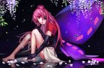  bare_legs barefoot black_gloves butterfly_earrings butterfly_wings cardcaptor_sakura cat_(pixiv5891854) double_bun earrings elbow_gloves flower from_side full_body gloves highres jewelry lipstick long_hair makeup petals pink_eyes pink_hair reflection ruby_moon sitting smile solo very_long_hair water_drop wings wisteria 