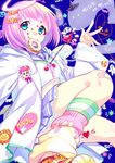  arrow_in_body bandaid bandaid_on_knee blue_eyes bob_cut candy doughnut fang food ghost halo horn kayoe!_chuugaku looking_at_viewer midriff minamoto mouth_hold oshima_(kayoe!_chuugaku) pink_hair school_uniform short_hair solo trick_or_treat 