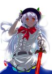  absurdres backlighting blue_hair fingerless_gloves food fps fruit gloves hat highres hinanawi_tenshi long_hair looking_at_viewer navel peach puffy_sleeves red_eyes ribbon shirt short_sleeves simple_background skirt smile solo sword_of_hisou touhou white_background 