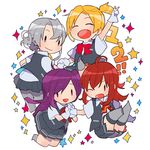  arashi_(kantai_collection) blonde_hair chibi gloves hagikaze_(kantai_collection) kantai_collection karomura long_hair maikaze_(kantai_collection) multiple_girls neck_ribbon nowaki_(kantai_collection) one_eye_closed open_mouth purple_hair red_hair red_ribbon ribbon school_uniform side_ponytail silver_hair skirt smile vest 