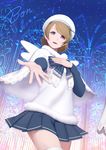  alternate_costume bangs blue_bow blue_skirt bon_nob bow brown_hair capelet church cowboy_shot from_below fur_trim glass hand_on_own_chest hat koizumi_hanayo lace lace-trimmed_skirt long_sleeves looking_at_viewer love_live! love_live!_school_idol_project miniskirt outstretched_arm pleated_skirt pom_pom_(clothes) purple_eyes reaching ribbon short_hair signature skirt solo spread_fingers striped striped_bow swept_bangs thighhighs white_legwear white_wings wings 