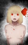  blonde_hair blood blood_from_mouth bloody_tears bow breasts collarbone colored_eyelashes gradient gradient_background hair_bow looking_at_viewer nipples open_mouth red_eyes rumia short_hair small_breasts solo terimayo touhou upper_body 
