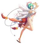  angel_wings blue_nails bow bracelet breasts flower green_eyes green_hair grin heart highres jewelry large_breasts legs leona_(pixiv) midriff nail_polish official_art one_eye_closed open_mouth pointing ragnarok_online sandals short_hair simple_background smile solo wanderer weapon whip wings wreath 