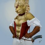  antar_dragon anthro blonde_hair breasts canine clothed clothing corset eye_patch eyewear female fur hair looking_at_viewer mammal multi_breast pirate simple_background solo tan_fur yellow_eyes 