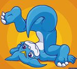  ambiguous_gender claws digimon dragon fangs featureless_crotch feet grumpyvulpix horn looking_at_viewer looking_up on_shoulders red_eyes solo spread_legs spreading upside_down veemon 