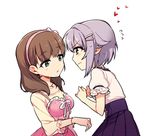  blush bracelet brown_eyes brown_hair dress eye_contact flying_sweatdrops green_eyes hair_ornament hairband hairclip heart high-waist_skirt idolmaster idolmaster_cinderella_girls jewelry koshimizu_sachiko looking_at_another multiple_girls necklace parted_lips pink_dress pink_hairband purple_hair sakuma_mayu short_hair sidelocks skirt wavy_mouth white_background zn_(zzzzzni) 