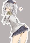  :t absurdres anger_vein blush breasts epaulettes from_behind gloves grey_background hat highres kantai_collection kashima_(kantai_collection) medium_breasts miniskirt outline pleated_skirt pout shirokuma1414 silver_eyes silver_hair skirt solo thighs 