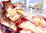  adapted_costume balcony blue_sky bow brown_eyes brown_hair cloud couch covering_mouth crossed_arms day hair_bow hair_tubes hakurei_reimu hat looking_at_viewer lying mochizuki_shiina on_back oversized_object panties pantyshot pantyshot_(lying) petals pillow_hat pink_panties pleated_skirt pocket_watch puffy_short_sleeves puffy_sleeves shirt short_sleeves skirt sky solo striped striped_panties tile_floor tiles touhou underwear upskirt watch 