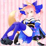  animal_ears bare_shoulders blue_legwear bow breasts cleavage detached_sleeves fate/extra fate_(series) fox_ears fox_tail hair_bow hair_ribbon hand_on_own_chest japanese_clothes large_breasts long_hair looking_at_viewer pink_hair ribbon shirayuki_touya solo tail tamamo_(fate)_(all) tamamo_no_mae_(fate) thighhighs twintails yellow_eyes 