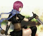  black_gloves black_legwear black_skirt gloves green_eyes holding holding_weapon leg_tattoo mikemike nel_zelpher profile red_hair scarf short_hair skirt solo star_ocean star_ocean_till_the_end_of_time striped striped_scarf sword tattoo thighhighs weapon 