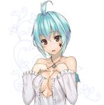  aqua_hair bare_shoulders blush breasts brown_eyes cleavage frills hands_on_own_chest large_breasts nakamura_nagare no_bra open_mouth panis_repca phantasy_star phantasy_star_online_2 solo star upper_body 