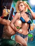  1girl abs android_18 arm_around_neck bag bald banned_artist bikini bikini_top black_eyes blonde_hair blue_eyes blue_sky breasts collarbone day denim denim_shorts dragon_ball dragon_ball_z drinking_straw earrings food fruit glass husband_and_wife jacket jewelry kuririn lemon lemonade male_swimwear medium_breasts muscle navel sakimichan shiny shiny_skin short_shorts shorts sky smile sparkle sun sunglasses swim_trunks swimsuit swimwear tree unbuttoned unzipped watermark web_address wet wristband 