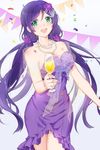  :d blush breasts cleavage confetti cup dress drinking_glass flower glass green_eyes hair_flower hair_ornament highres jewelry kageis large_breasts long_hair love_live! love_live!_school_idol_project necklace open_mouth purple_hair smile solo strapless strapless_dress toujou_nozomi twintails very_long_hair wine_glass 