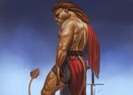  2014 anthro athletic blue_eyes brown_hair brown_nose brown_skin cape claws clothed clothing dandzialf digital_media_(artwork) feline fur hair half-dressed lion loincloth long_hair looking_at_viewer male mammal melee_weapon muscular nipples outside pose side_view solo standing sword tail_tuft topless tuft weapon whiskers 