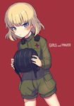  :/ blonde_hair blue_eyes buttons collar copyright_name cowboy_shot dutch_angle expressionless fuji_fujino girls_und_panzer headwear_removed helmet helmet_removed holding holding_helmet katyusha looking_at_viewer military military_uniform pravda_military_uniform puffy_shorts red_background short_hair short_jumpsuit shorts simple_background solo standing star uniform 