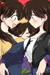  2girls arm_around_waist bangs belt blush breasts brown_hair closed_eyes collarbone eyewear_removed from_side genderswap genderswap_(mtf) hair_bobbles hair_ornament hair_over_shoulder jacket large_breasts long_sleeves looking_at_another matsuno_ichimatsu matsuno_juushimatsu matsuno_karamatsu multiple_girls naruse_makoto osomatsu-kun osomatsu-san overalls siblings sunglasses swept_bangs 