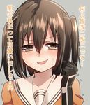  bangs black_gloves blush brown_eyes brown_hair clenched_hand close-up elbow_gloves gloves kantai_collection keita_(tundereyuina) looking_at_viewer open_mouth school_uniform sendai_(kantai_collection) serafuku short_hair simple_background solo sweatdrop translated two_side_up upper_body 