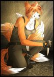  anthro breasts canine clothed clothing crescent0100 crouching female fox fur hair invalid_tag knife mammal orange_fur orange_hair smile solo 