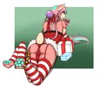  2015 accelo anthro bell blue_hair bulge candy candy_cane clothing crossdressing feline food gift hair hideaki_(character) legwear looking_at_viewer male mammal panties pink_hair pose red_eyes solo stockings underwear 