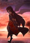  black_hair cloud commentary_request detached_sleeves fingerless_gloves fuu_(fuore) gloves hairband long_hair looking_at_viewer pointy_ears red_eyes sky smile solo sunset sword_art_online very_long_hair wings yuuki_(sao) 