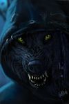  2013 ambiguous_gender angry anthro black_fur black_nose canine cape clothing detailed digital_media_(artwork) fangs fur green_eyes headshot_portrait hi_res looking_at_viewer mammal open_mouth plume portrait scary sharp_teeth solo teeth two_tone_eyes whiskers wolf wolfroad 