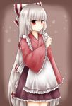  alternate_costume apron blush brown_background clenched_hand flower frilled_skirt frills frown fujiwara_no_mokou hair_ribbon hand_up koto_(shiberia39) long_hair long_sleeves looking_at_viewer red_eyes ribbon silver_hair simple_background skirt solo touhou very_long_hair wa_maid waist_apron 