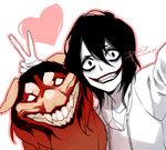  bangs black_eyes black_hair bunny_ears_prank casual creature creepypasta dated dog drawstring fangs grin heart horror_(theme) jeff_the_killer long_hair looking_at_viewer male_focus no_pupils outline outstretched_arm pink_outline psd raised_eyebrow red_fur sanpaku self_shot sidelocks simple_background smile smile_dog teeth v white_background white_skin 