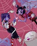  anthro arachnid arthropod beverage black_eyes black_hair blue_hair blue_skin bone crossover cupcake dragon eyes_closed fangs food group hair hair_bow hair_over_eye leviathan_(skullgirls) muffet multi_limb multiple_arms multiple_eyes open_mouth parangsoda purple_skin red_eyes skullgirls smile spider spider_web squigly stitches tea tea_cup tea_pot tongue tongue_out undead undertale video_games yellow_eyes zombie 