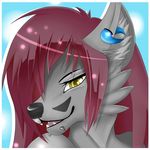  anthro blue_background canine crescent0100 ear_piercing facial_piercing fangs female fur grey_fur hair half-closed_eyes inner_ear_fluff lip_piercing looking_at_viewer mammal open_mouth piercing pink_hair simple_background smile solo teeth tongue wolf 